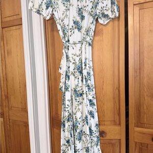 Leyden White and Blue Floral High-Low Wrap Dress